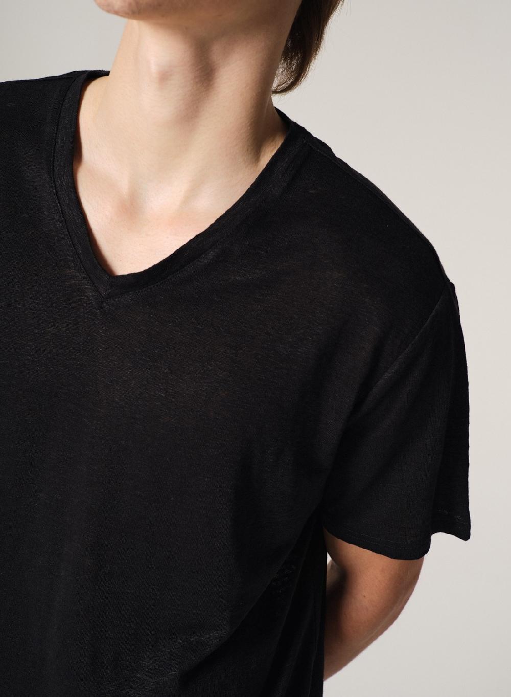 Etiqueta negra Remera Cuello V Manga Corta Lisa Lino Envío internacional gratuito