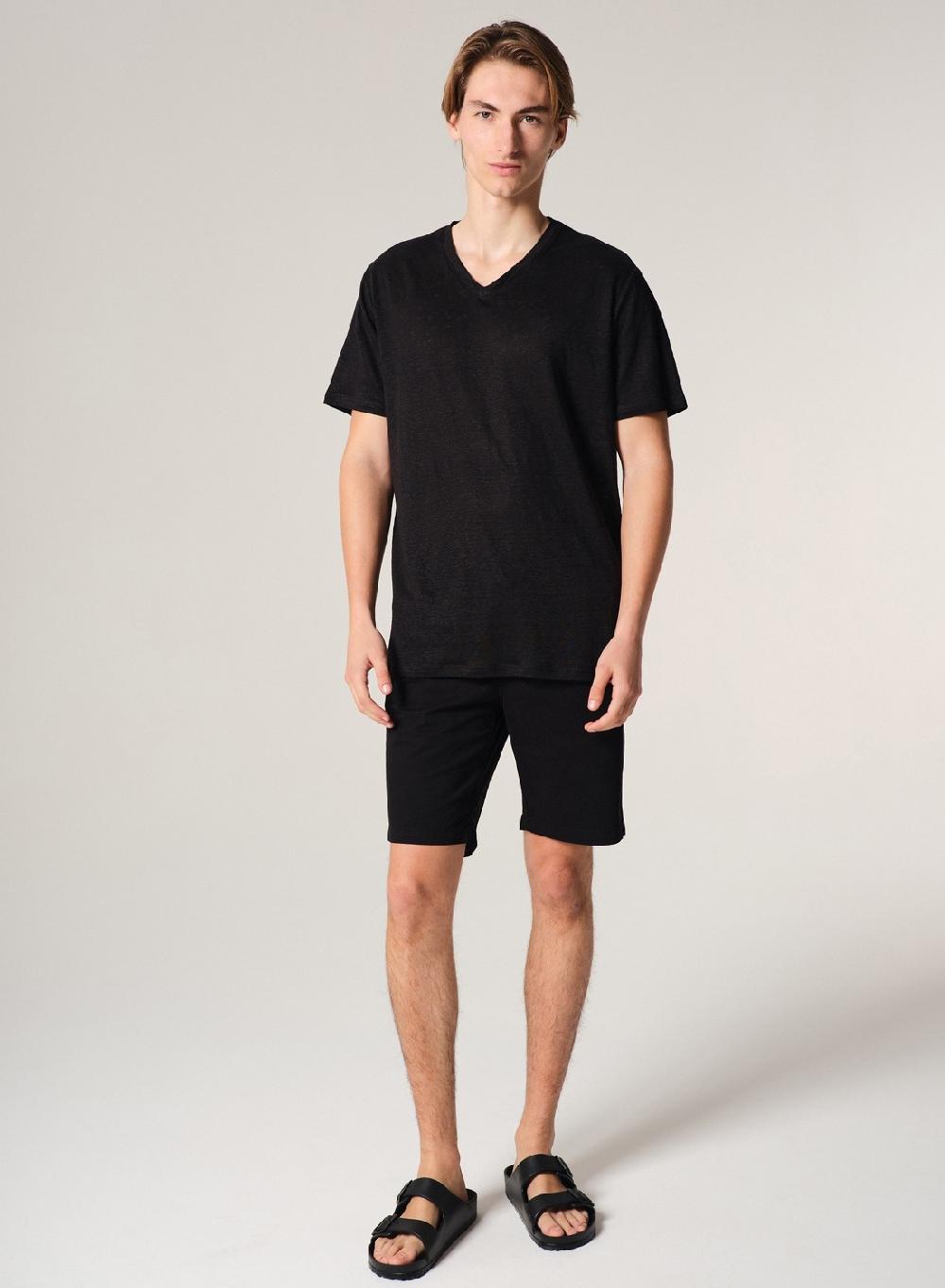 Etiqueta negra Remera Cuello V Manga Corta Lisa Lino Envío internacional gratuito