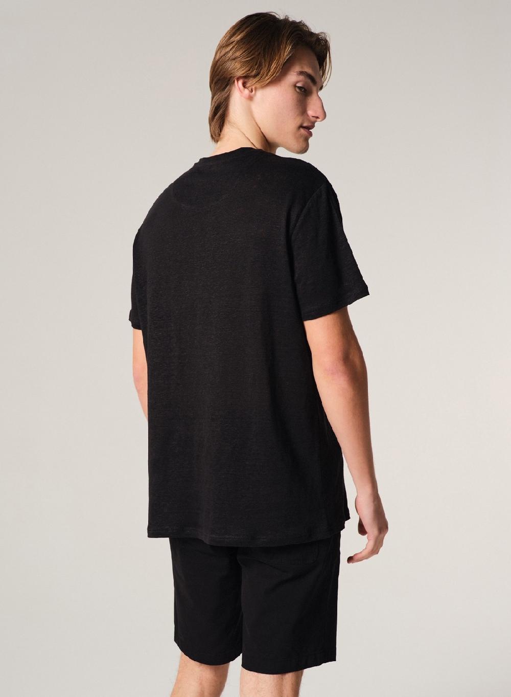 Etiqueta negra Remera Cuello V Manga Corta Lisa Lino Envío internacional gratuito
