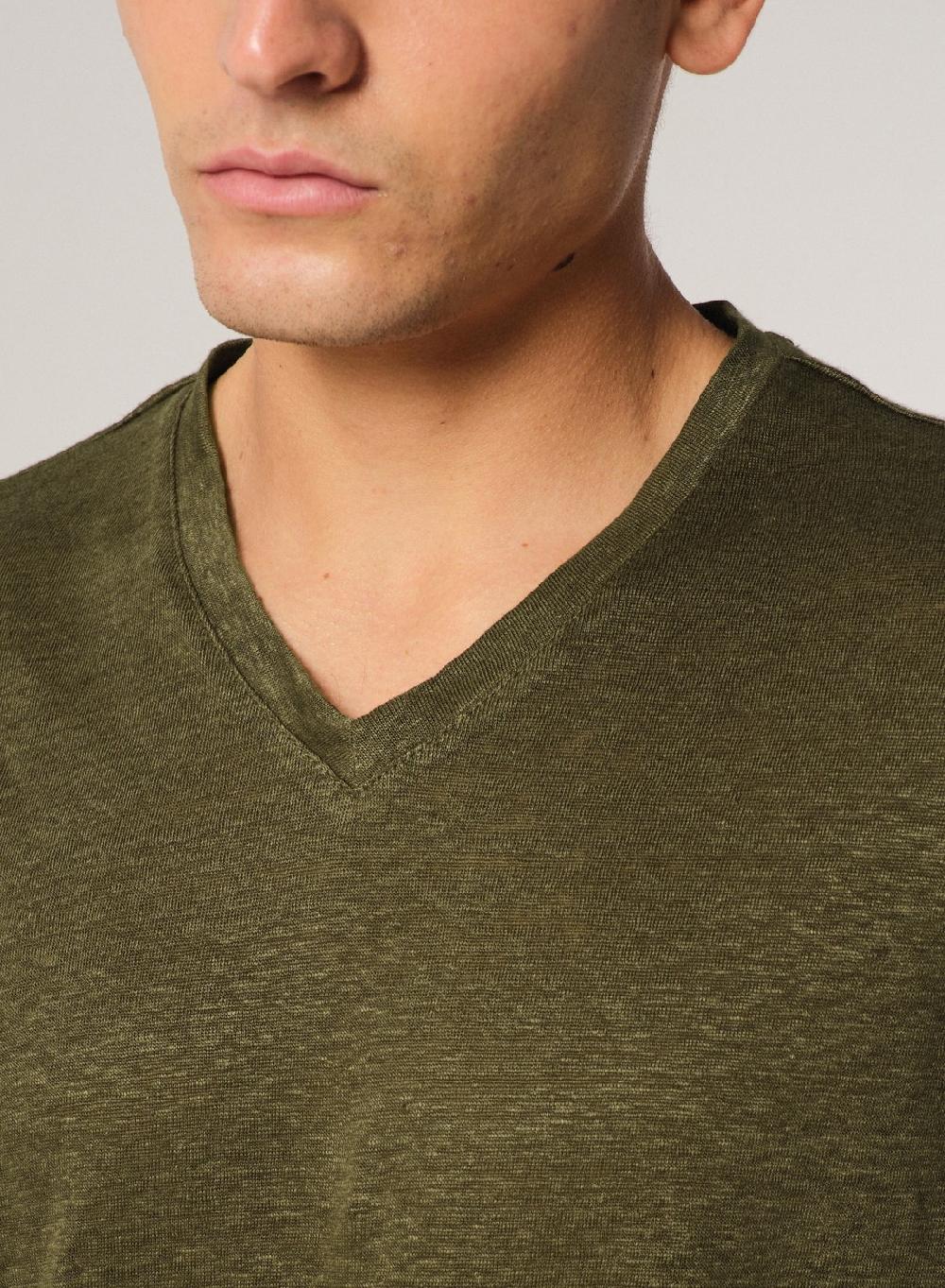 Etiqueta negra Remera Cuello V Manga Corta Lisa Lino Venta caliente