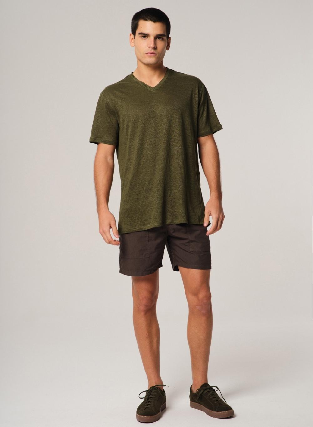 Etiqueta negra Remera Cuello V Manga Corta Lisa Lino Venta caliente