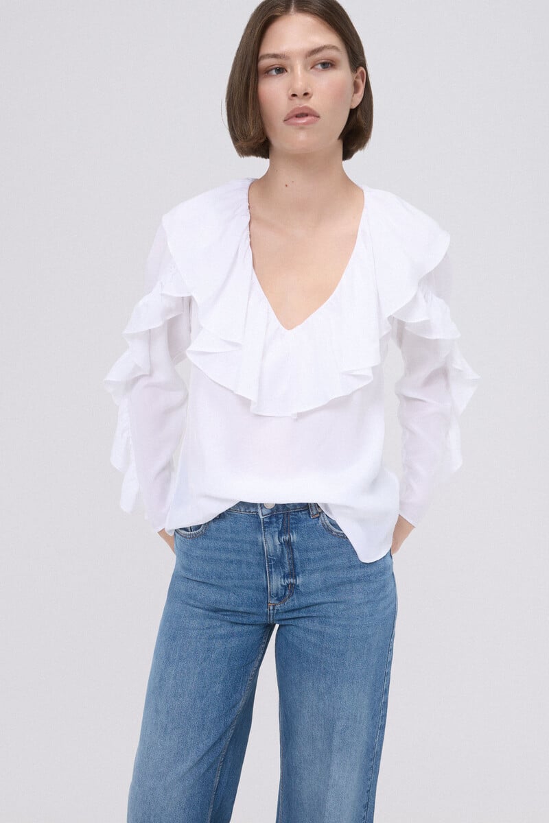 pedro del hierro Blusa blanca con volante Tienda
