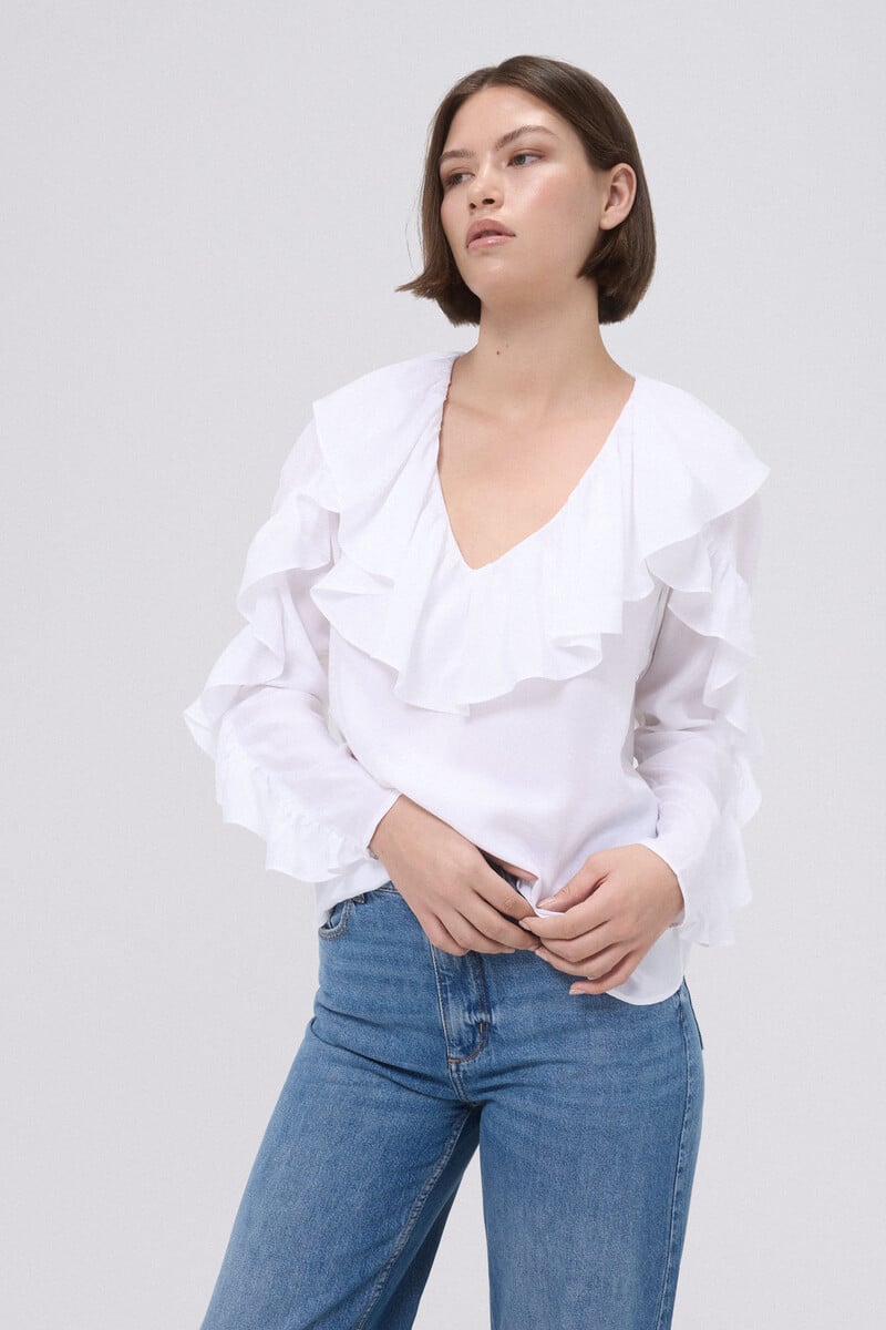 pedro del hierro Blusa blanca con volante Tienda