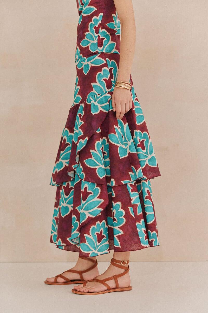 pedro del hierro Rosa. Falda estampada volantes 2025