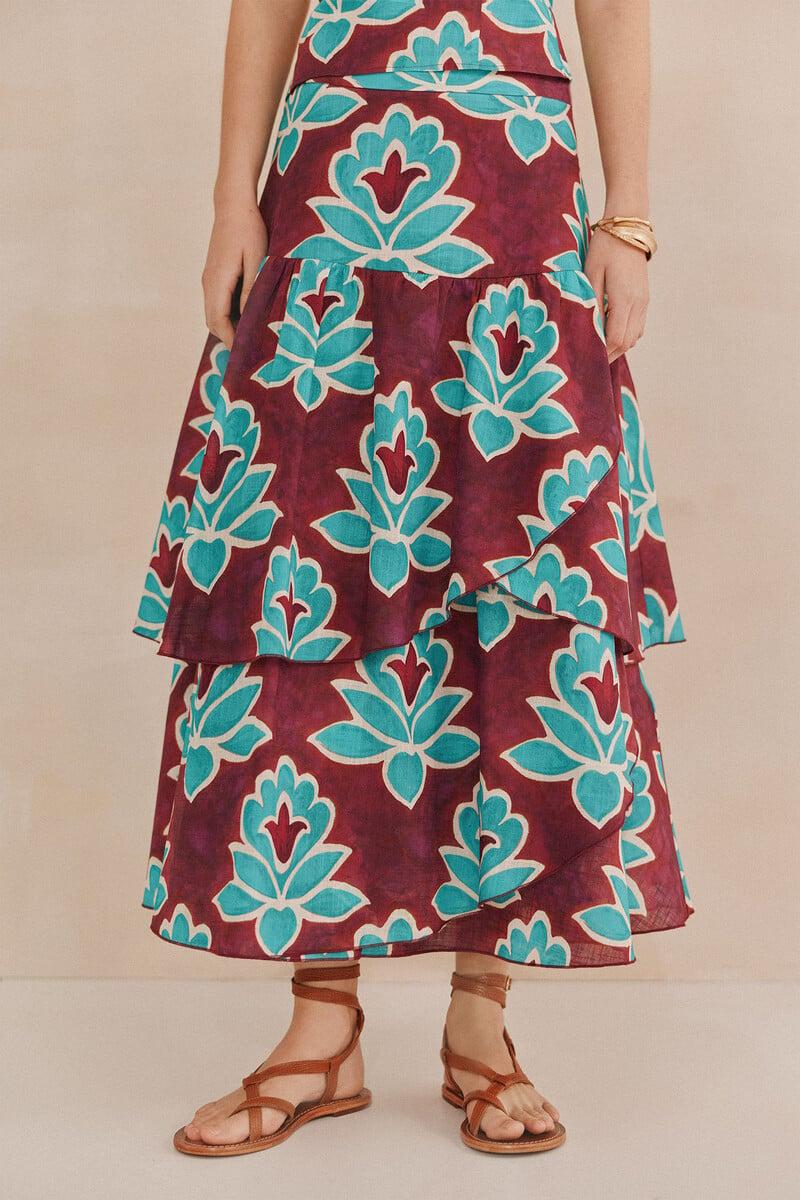 pedro del hierro Rosa. Falda estampada volantes 2025