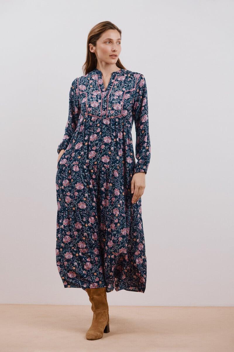 pedro del hierro Vestido largo estampado con bordado a contraste Ventas relámpago