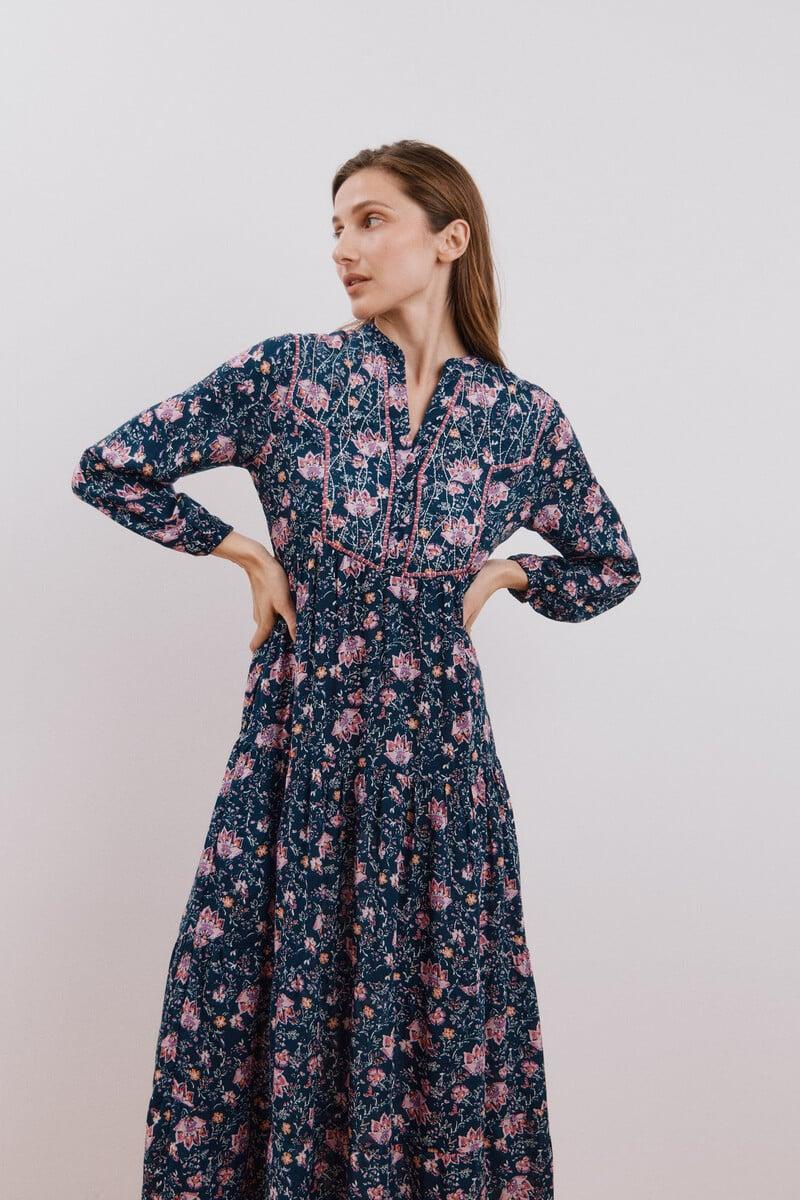 pedro del hierro Vestido largo estampado con bordado a contraste Ventas relámpago
