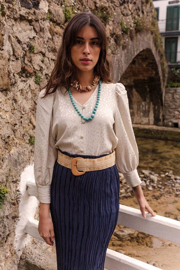 Triana By C Cinturón beige rafia hebilla madera Tienda de fábrica