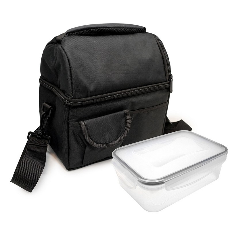 vin bouquet Bolsa termica Porta Alimentos con Doble Piso Color Negro + Hermético de 1.2 litros