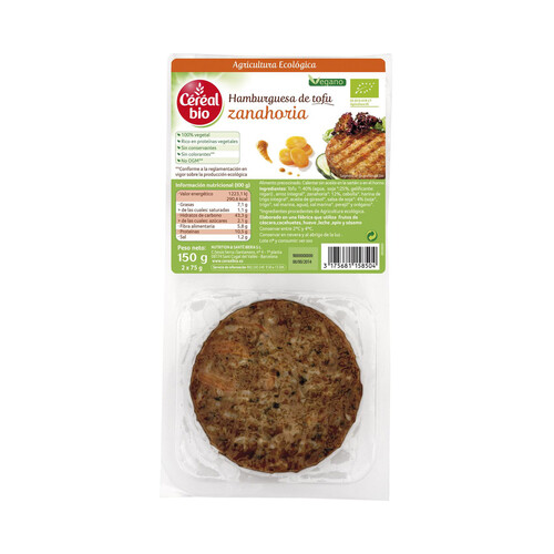 Alcampo CÉRÉAL BIO Hamburguesa de tofu con zanahoria ecológica CÉRÉAL BIO pack de 2 uds x 75 g