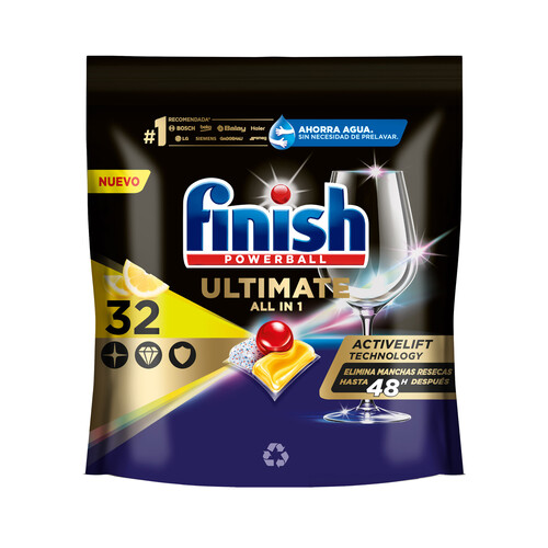 Alcampo FINISH Ultimate Detergente todo en 1 en cápsulas para lavavajillas con aroma a limón 32 uds