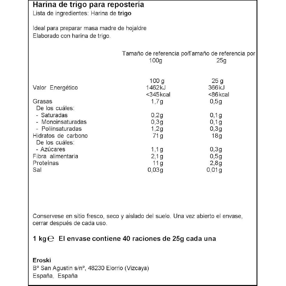Eroski Harina de trigo para repostería EROSKI paquete 1 kg Promoción trimestral