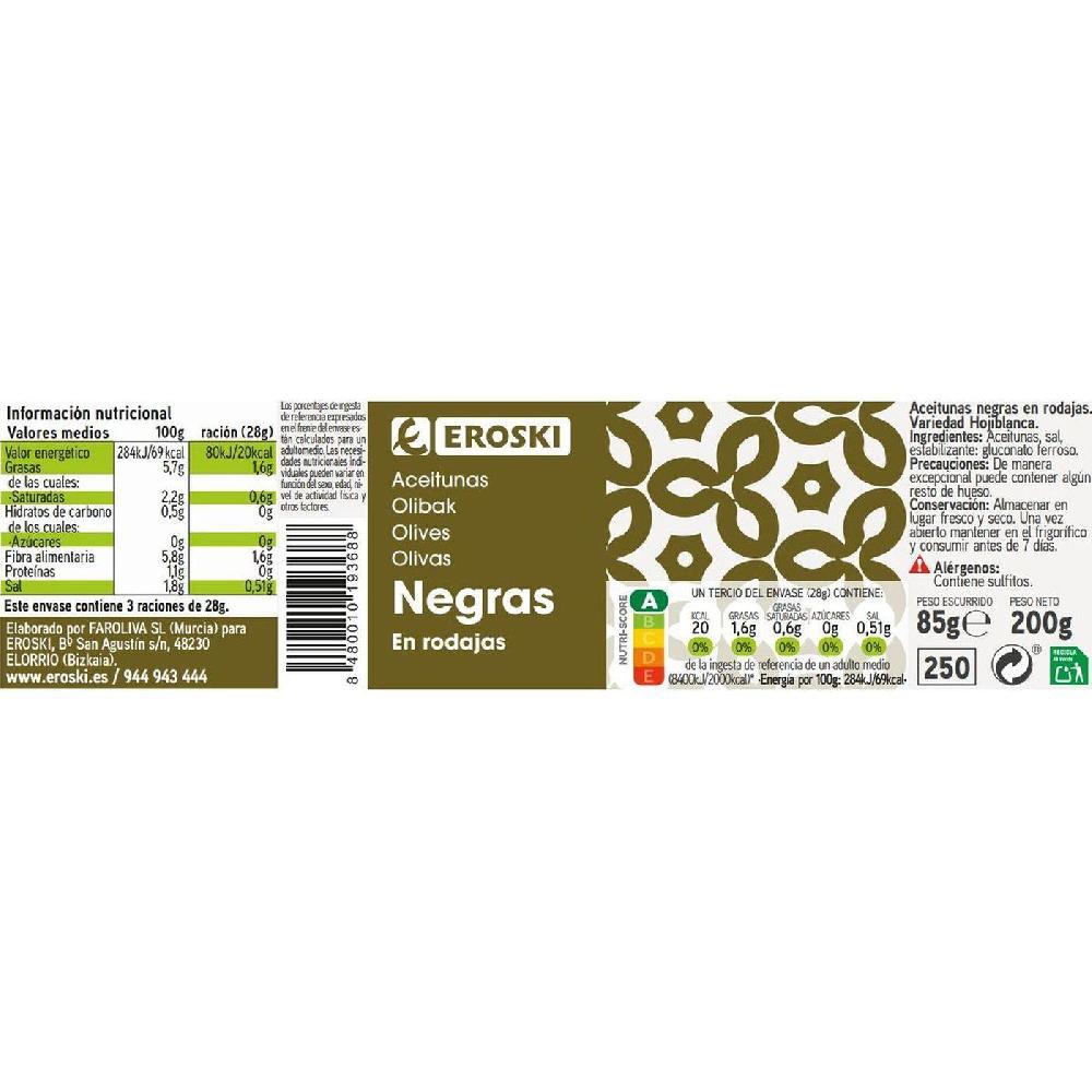 Eroski Aceitunas negras en rodajas EROSKI frasco 85 g ÚLTIMAS EDICIONES