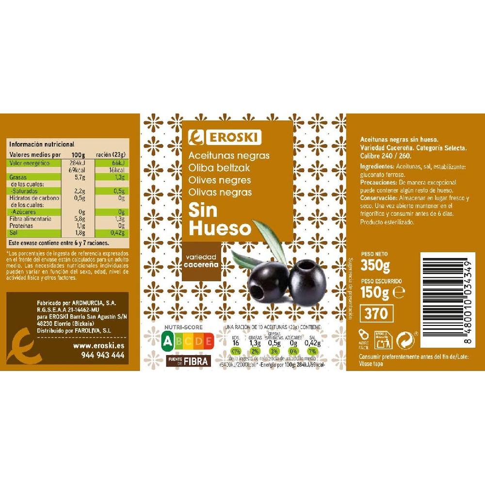 Eroski Aceitunas negras sin hueso EROSKI lata 150 g Últimos 2 días