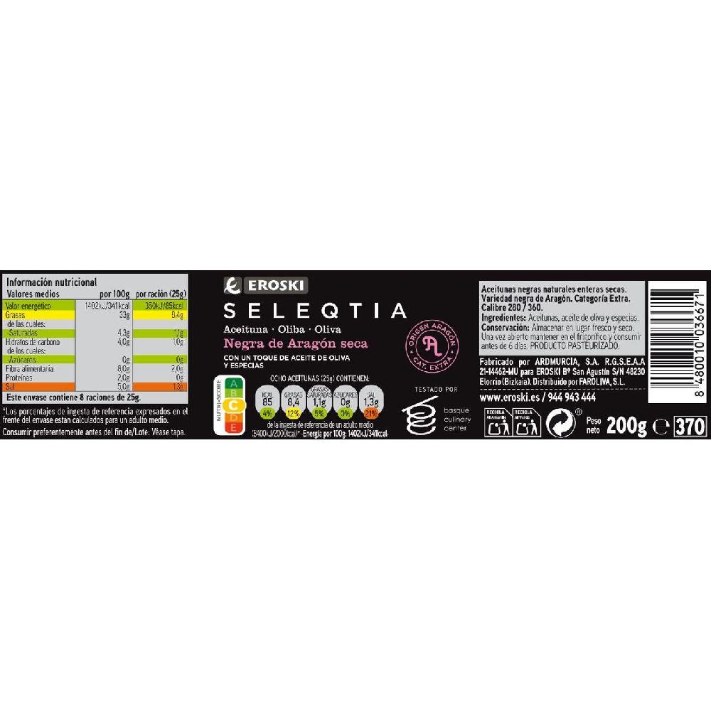 Eroski Aceitunas negras de Aragón Eroski SELEQTIA frasco 200 g Oferta especial de fábrica