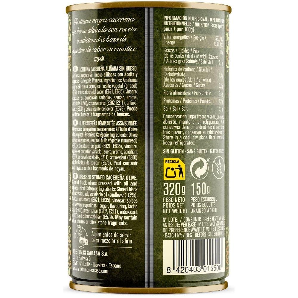 Eroski Aceitunas morenas del Sur sin hueso en aceite SARASA lata 150 g Promoción trimestral
