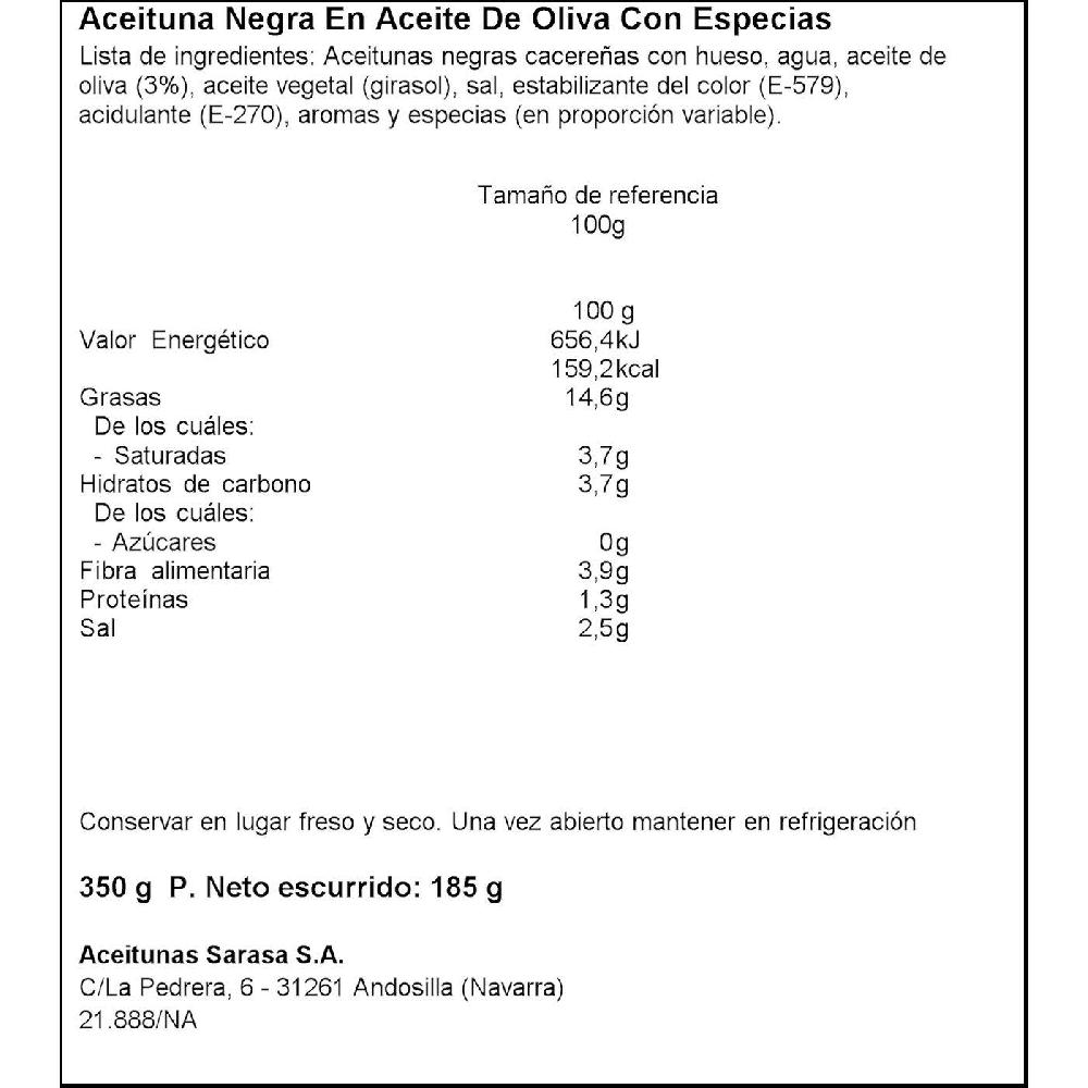 Eroski Aceitunas negras especiadas SARASA lata 185 g Solo queda un día