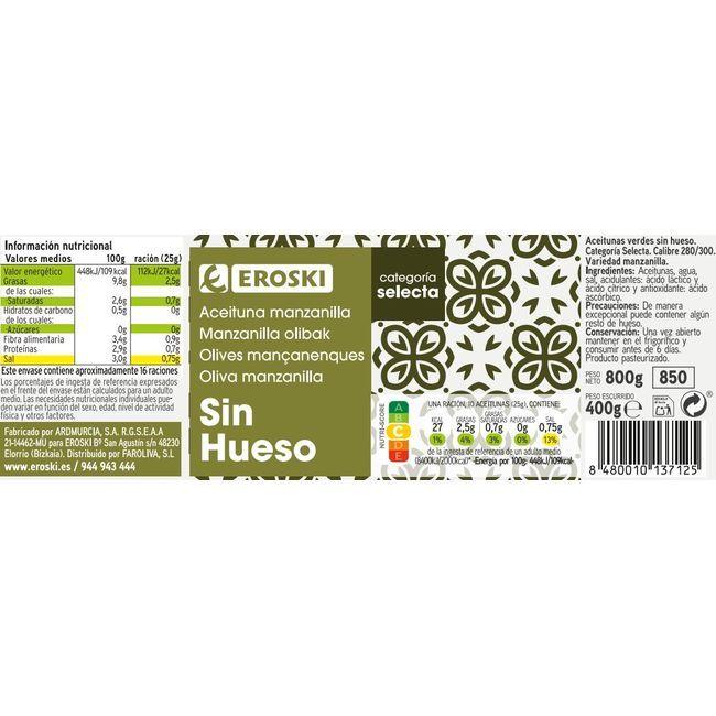 Eroski Aceitunas verdes sin hueso EROSKI frasco 400 g Precios de Black Friday