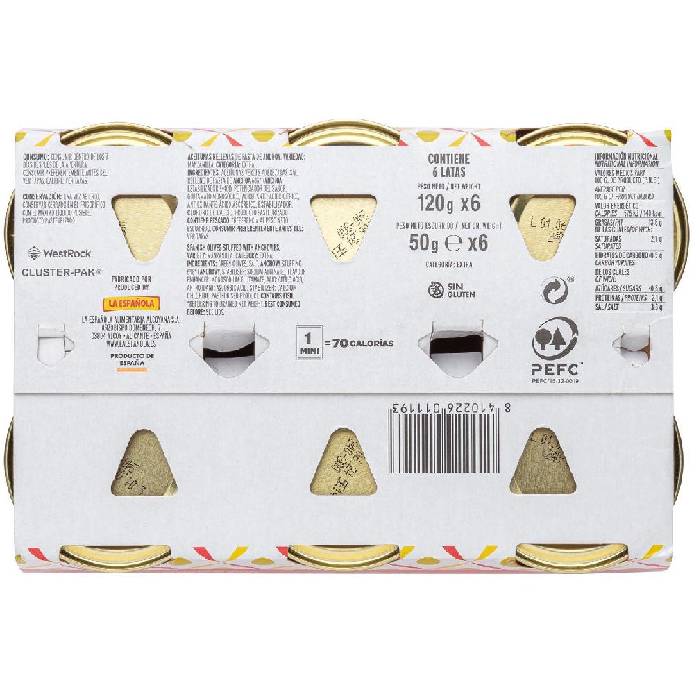 Eroski Aceitunas rellenas LA ESPAÑOLA pack 6x50 g Libre de impuestos