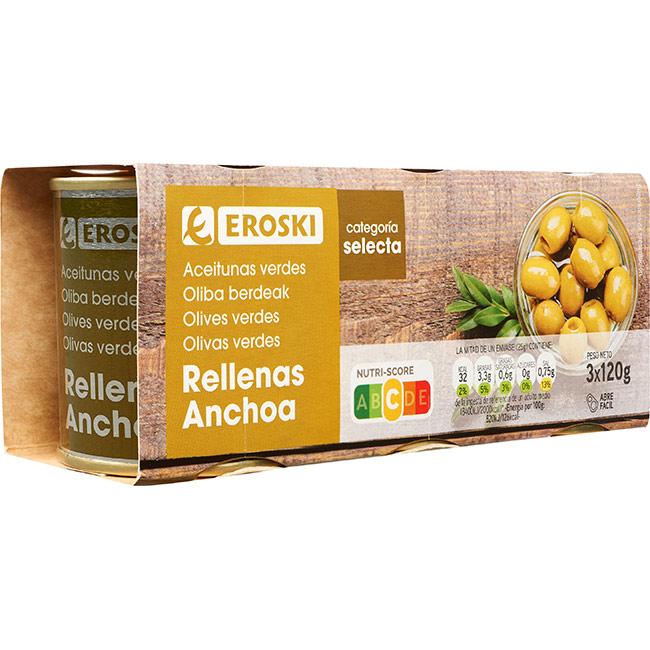 Eroski Aceitunas rellenas de anchoa EROSKI pack 3x50 g En línea