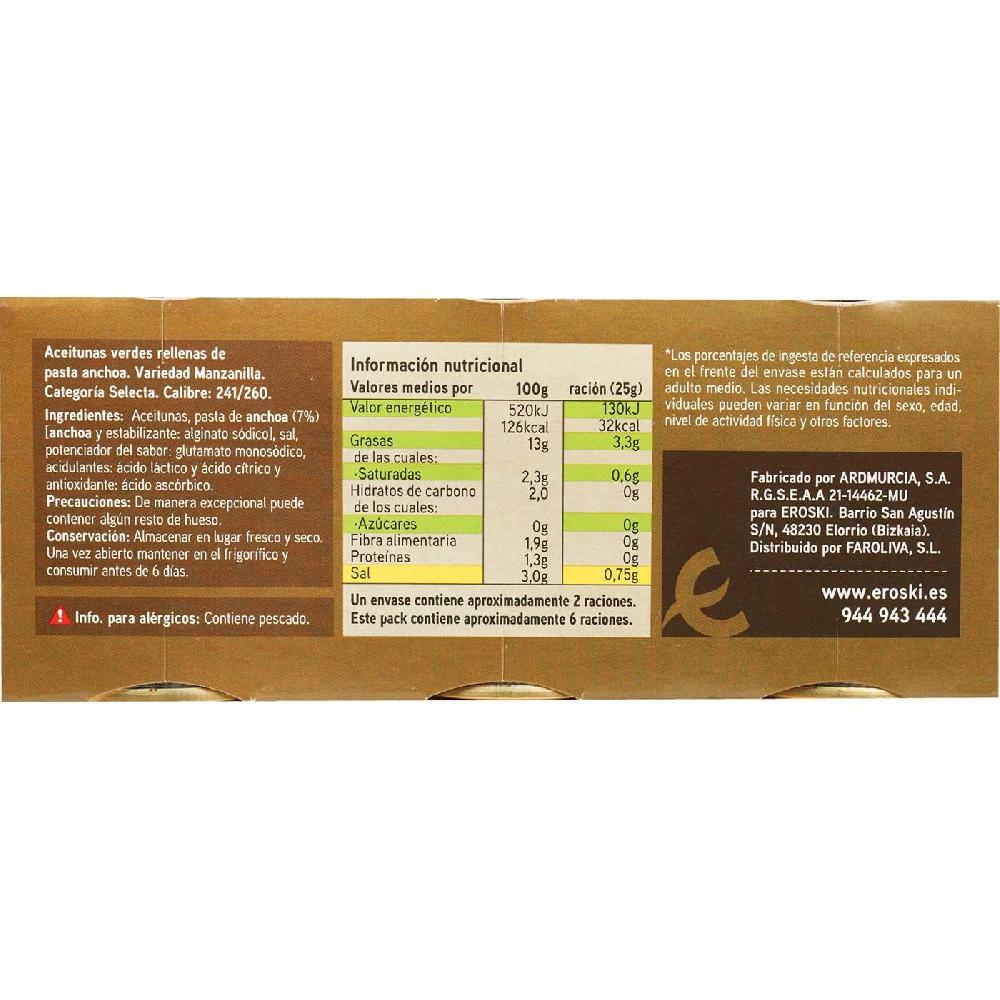 Eroski Aceitunas rellenas de anchoa EROSKI pack 3x50 g En línea