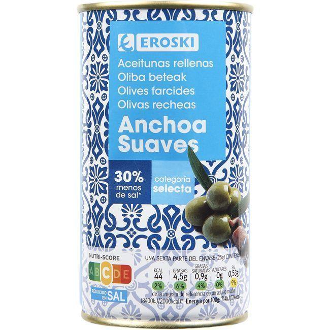 Eroski Aceitunas rellenas de anchoa suaves EROSKI lata 150 g