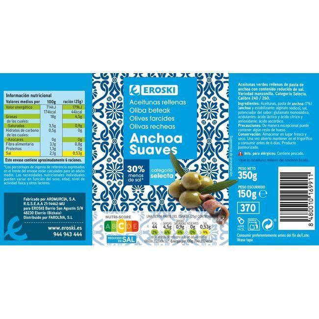 Eroski Aceitunas rellenas de anchoa suaves EROSKI lata 150 g Ofertas