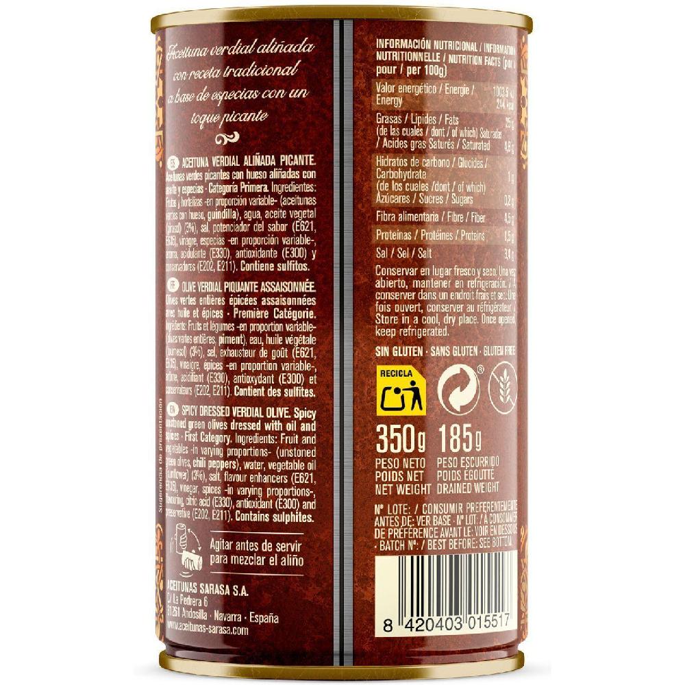 Eroski Aceitunas picantes verdes aliñadas SARASA lata 185 g Ventas relámpago