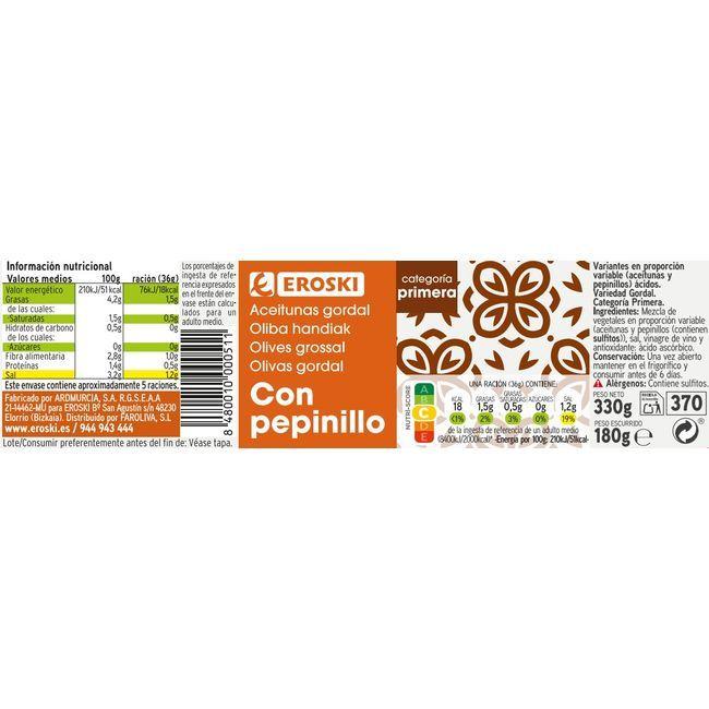 Eroski Aceitunas gordal con pepinillo EROSKI frasco 180 g Mejor oferta