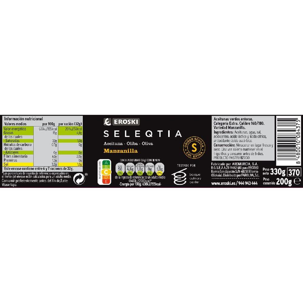 Eroski Aceitunas manzanilla EROSKI SELEQTIA frasco 200 g Envío gratis