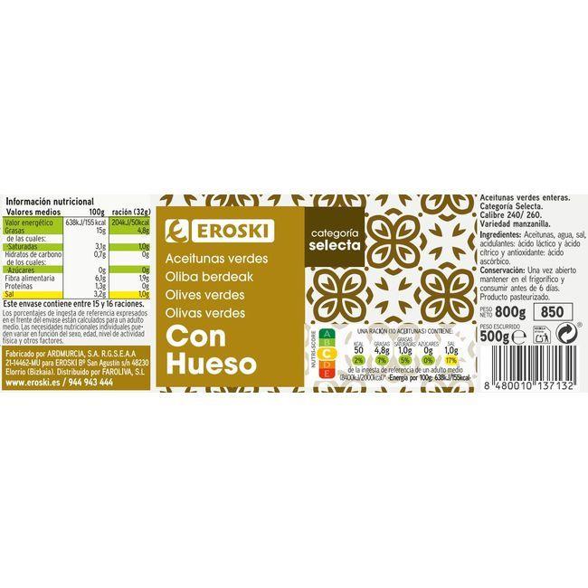 Eroski Aceitunas verdes con hueso EROSKI frasco 500 g ÚLTIMAS EDICIONES