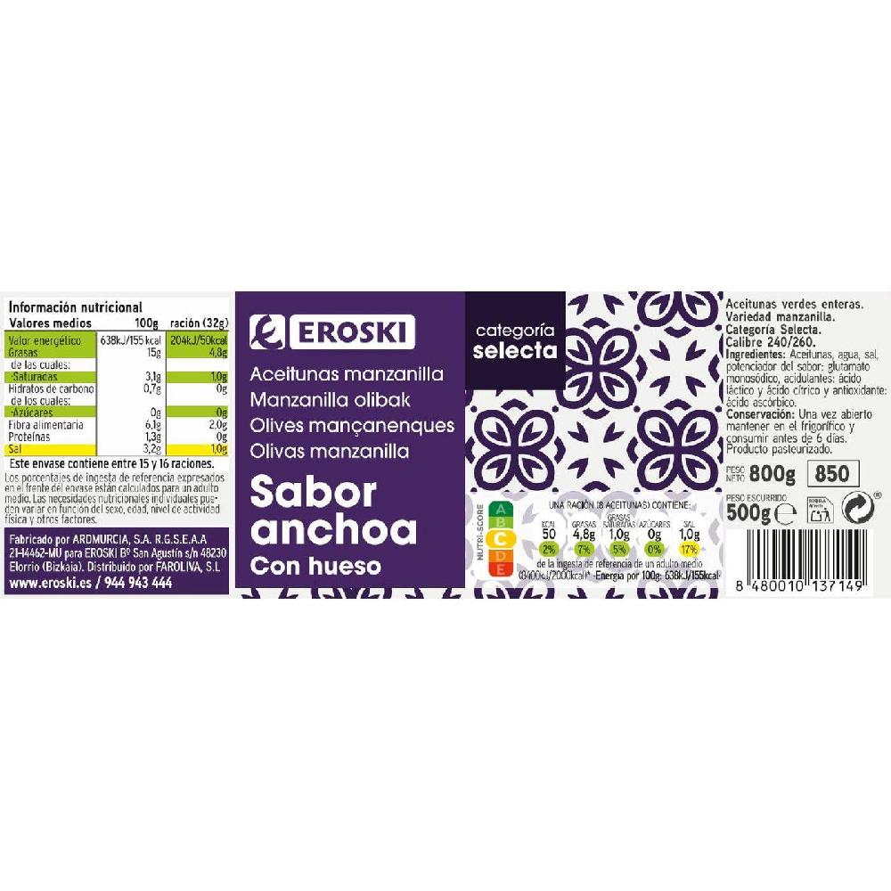 Eroski Aceitunas verdes sabor anchoa EROSKI frasco 500 g Último día