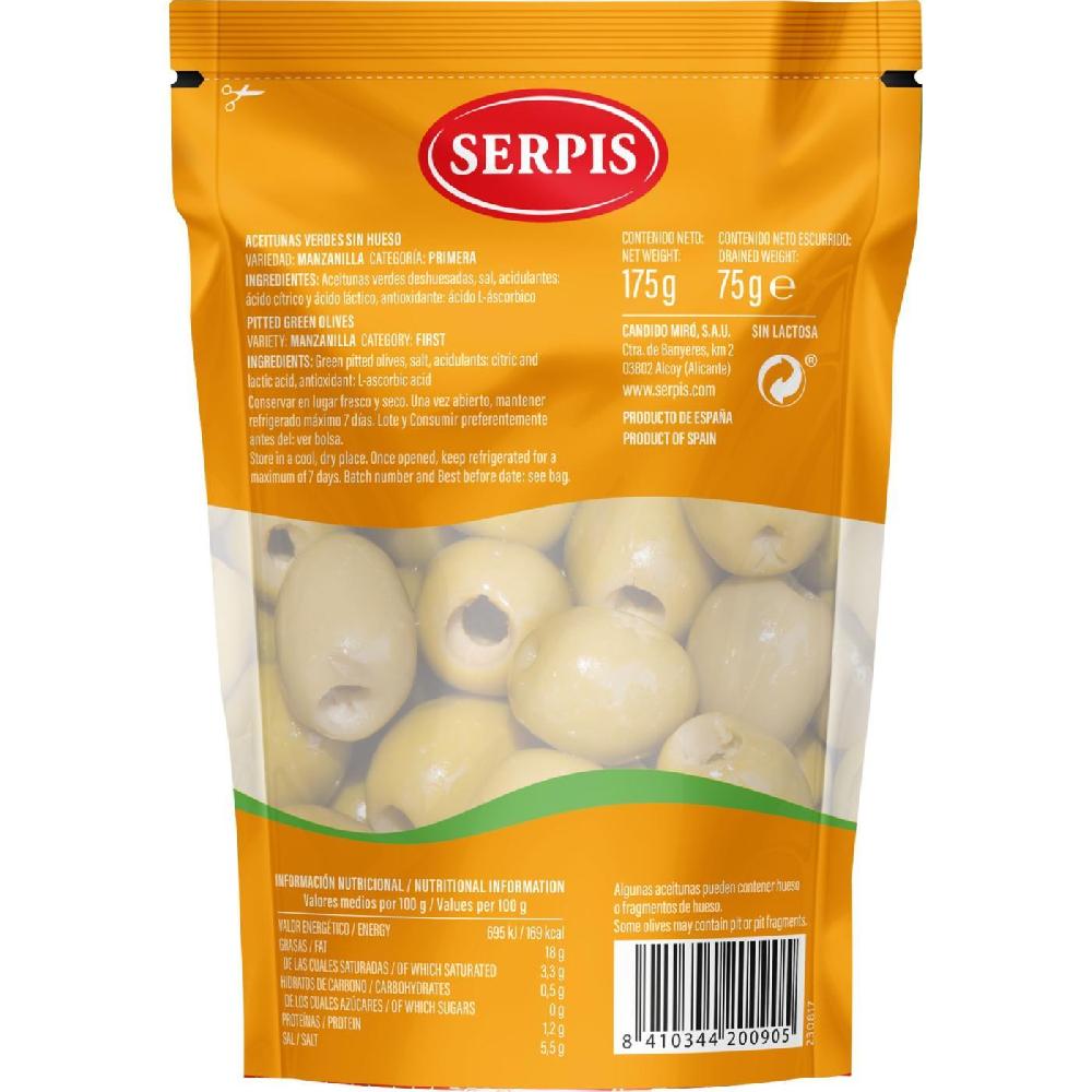 Eroski Aceitunas manzanilla sin hueso SERPIS bolsa 75 g Liquidación