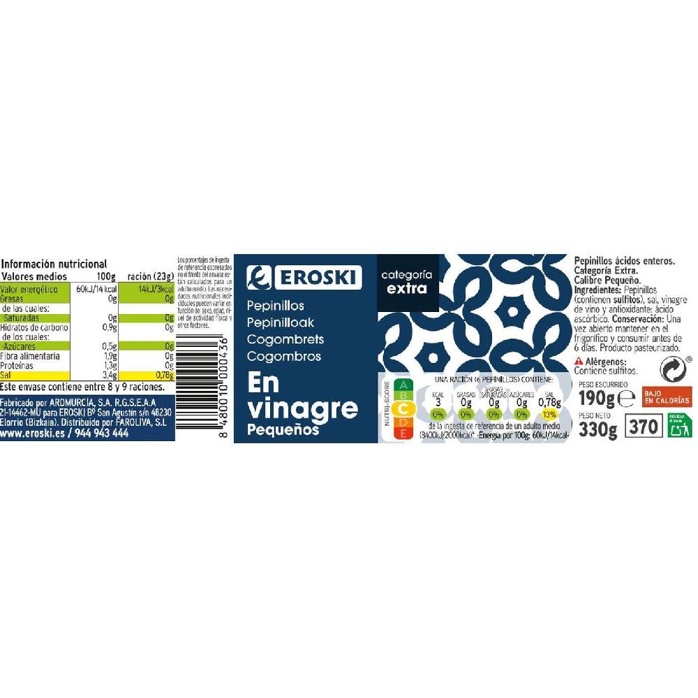 Eroski Pepinillos pequeños EROSKI frasco 190 g En oferta
