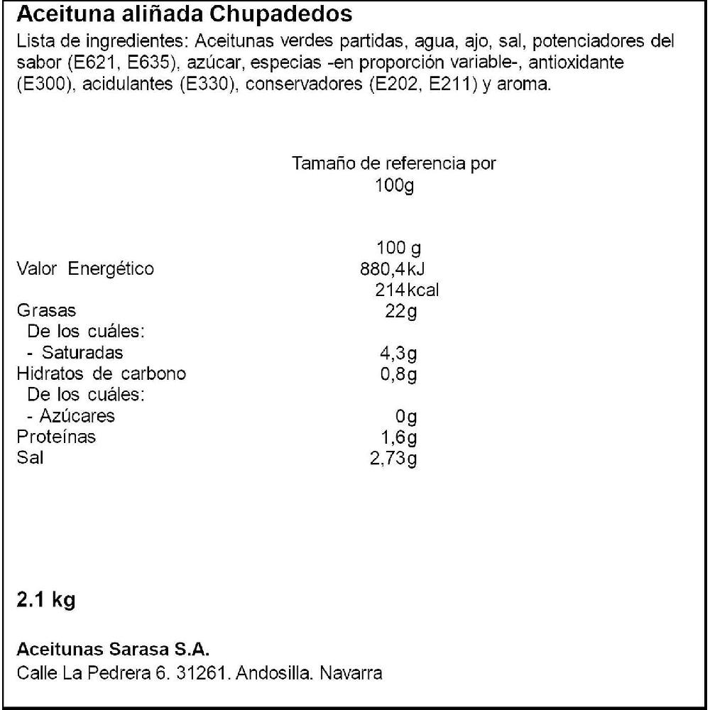 Eroski Aceituna chupadedos SARASA tarrina 2 1 kg Último día