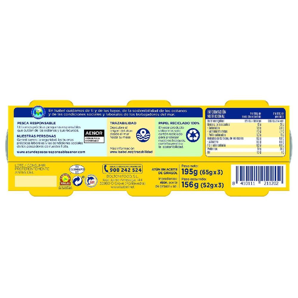 Eroski Atún en aceite de girasol ISABEL pack 3x65 g Limitado a 3 días