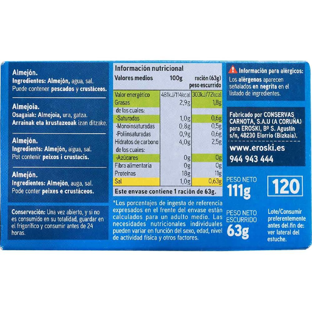 Eroski Almejones al natural EROSKI lata 63 g Grandes ahorros