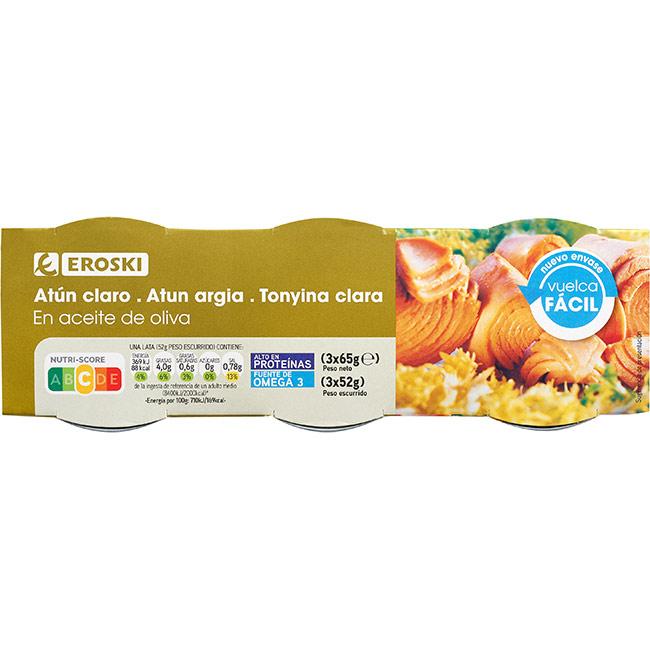Eroski Atún claro en aceite de oliva EROSKI pack 3x65 g