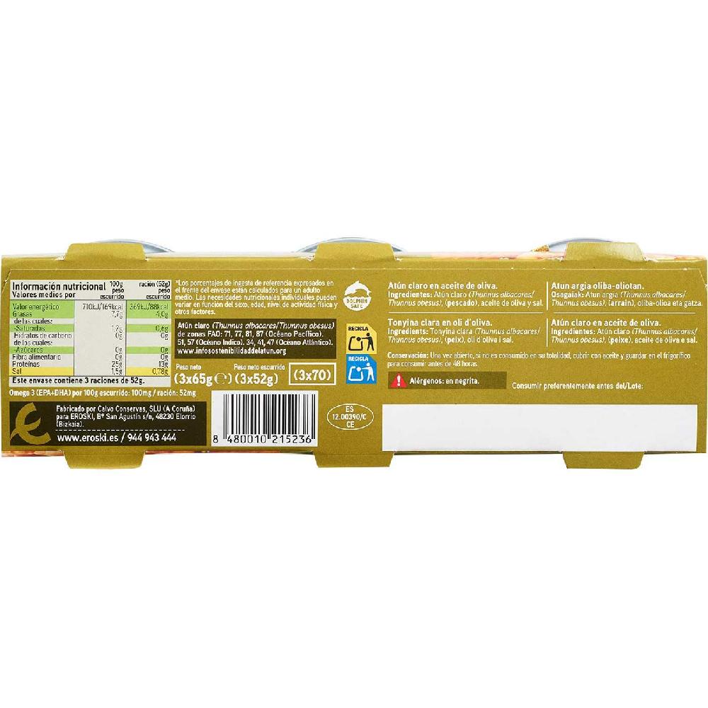 Eroski Atún claro en aceite de oliva EROSKI pack 3x65 g 2025