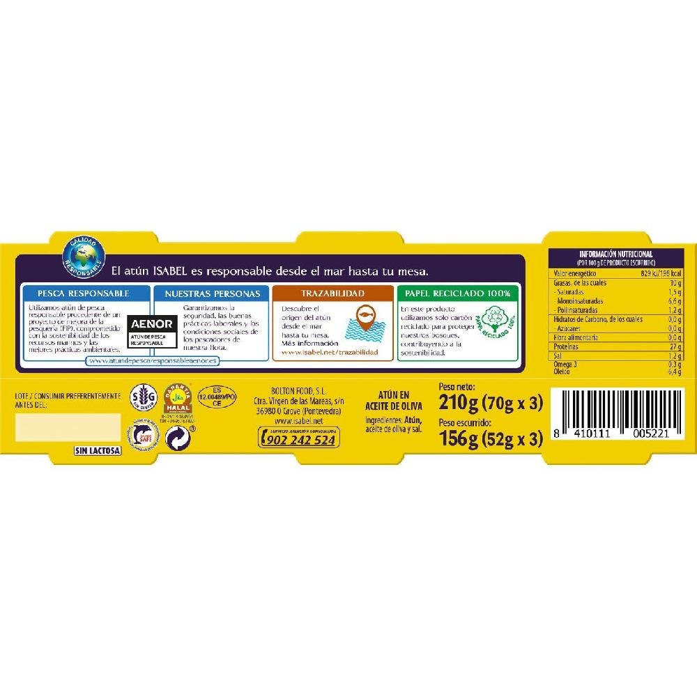 Eroski Atún en aceite de oliva gran sabor ISABEL pack 3x70 g En línea