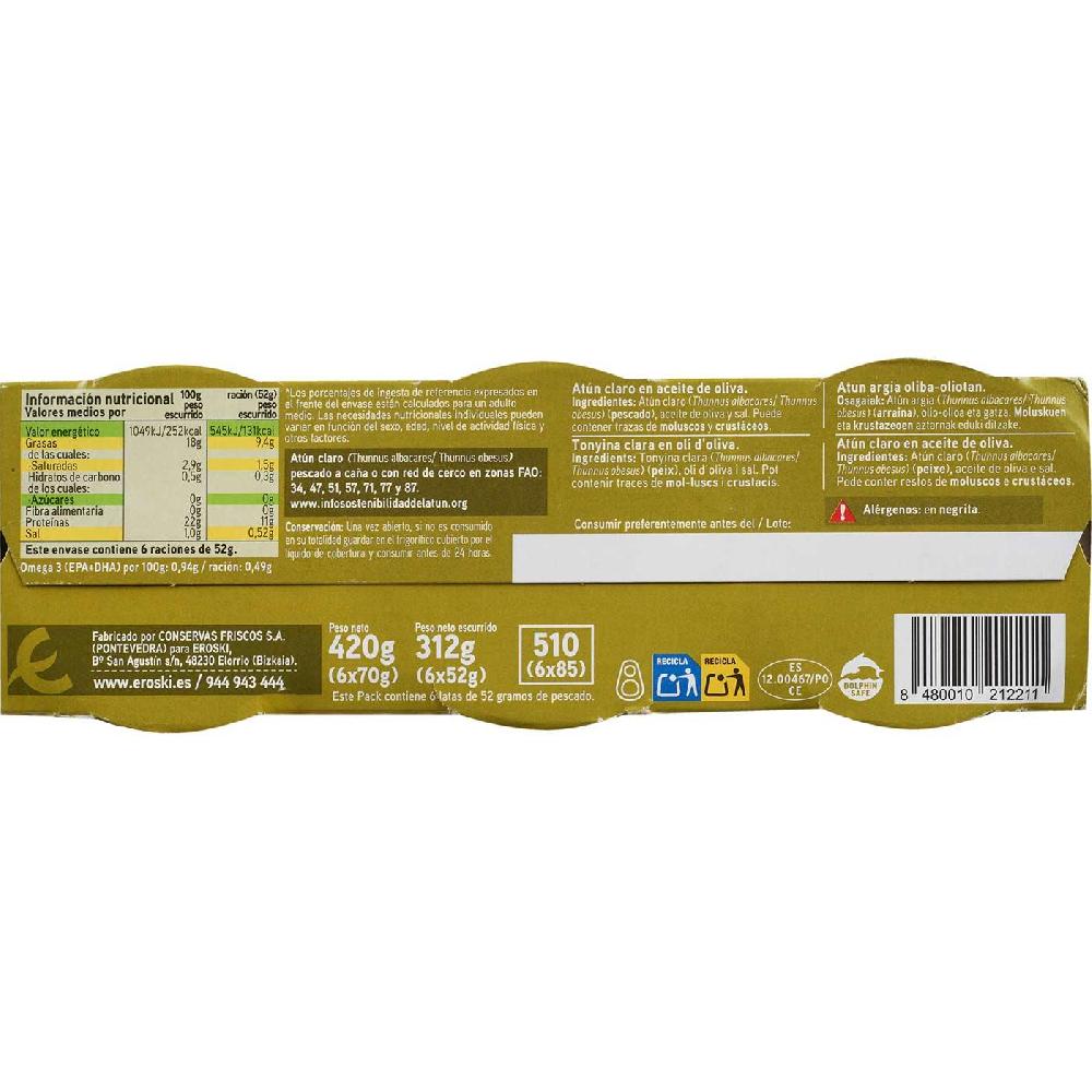 Eroski Atún claro en aceite de oliva EROSKI pack 6x70 g Outlet online