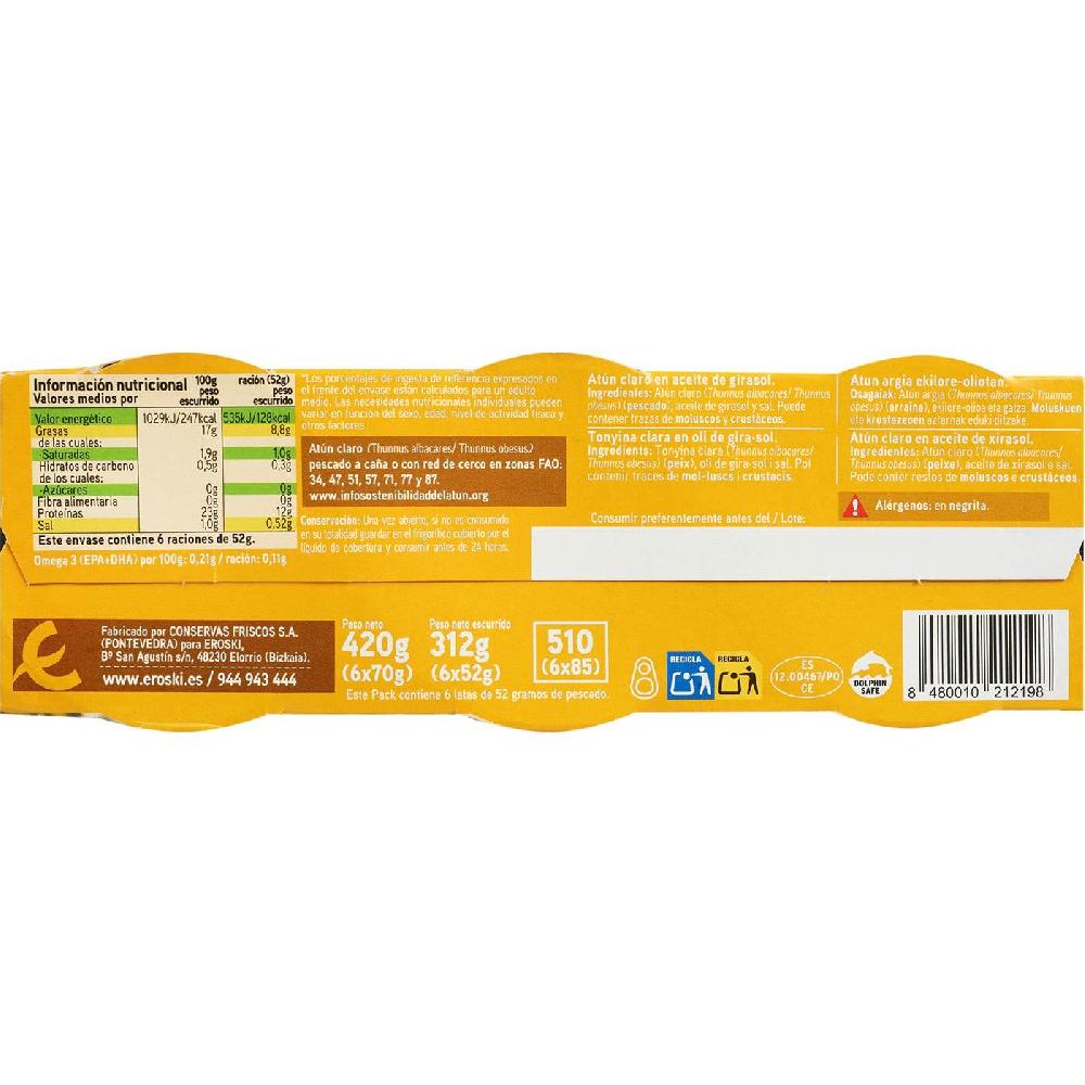 Eroski Atún claro en aceite de girasol EROSKI pack 6x70 g Rebajas
