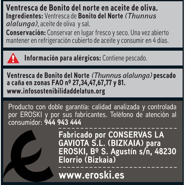 Eroski Ventresca de bonito en a. de oliva EROSKI SELEQTIA lata 111 g Precio de fábrica