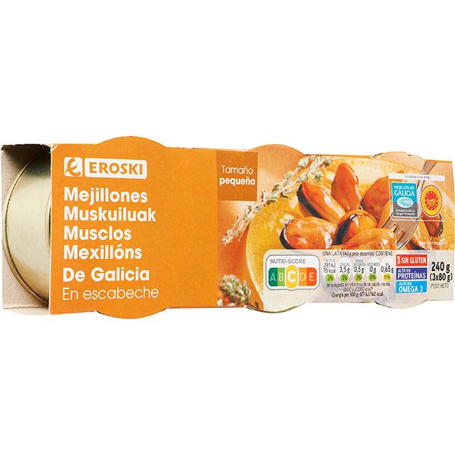 Eroski Mejillón en escabeche de Galicia EROSKI pack 3x80 g Promoción trimestral