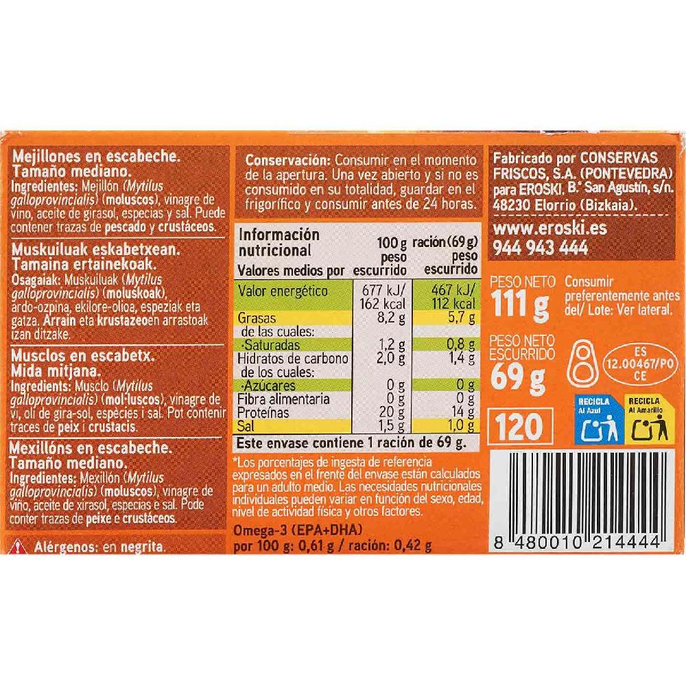 Eroski Mejillón en escabeche de Galicia 8/12 EROSKI lata 111 g Liquidación