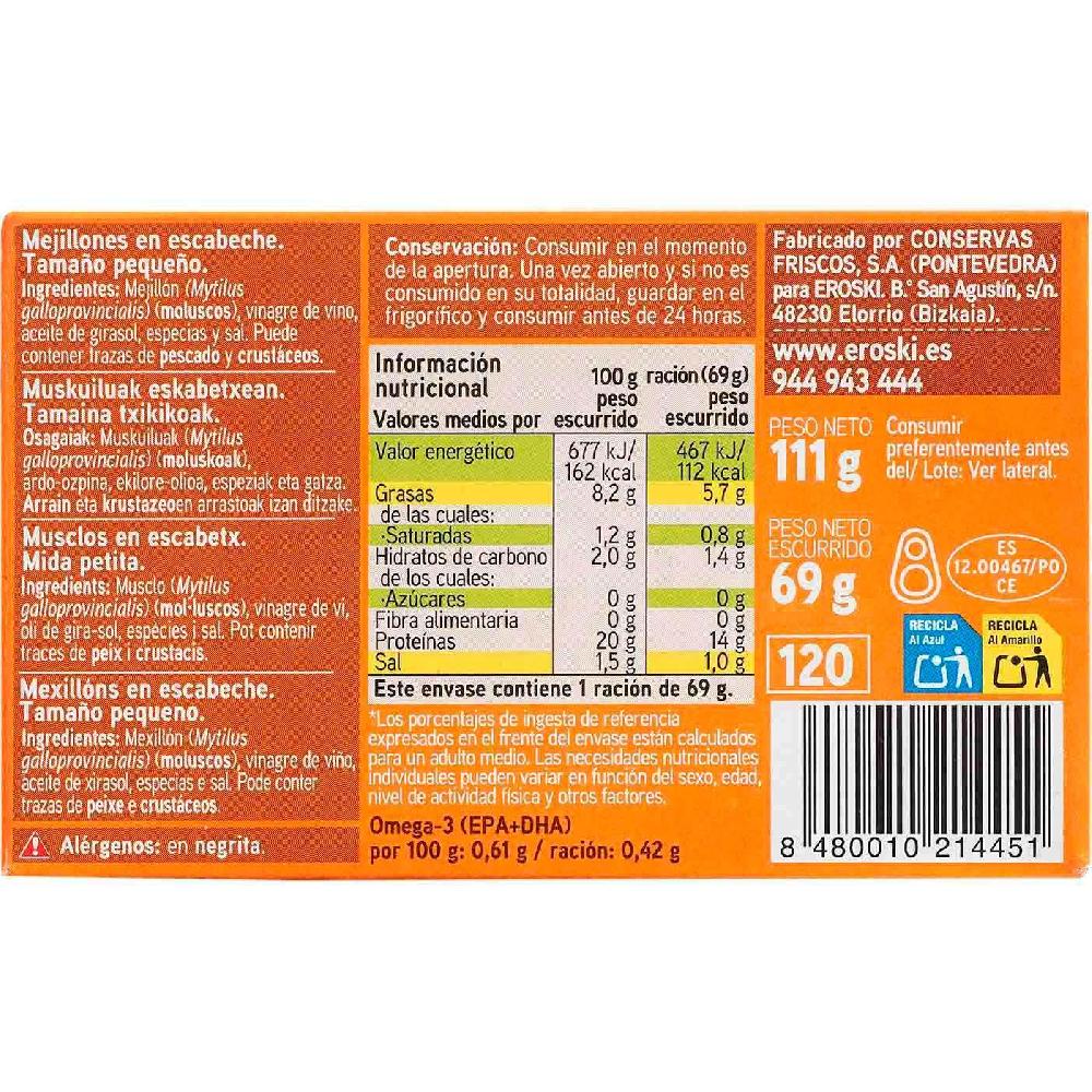 Eroski Mejillón en escabeche de Galicia 14/18 EROSKI lata 111 g Envío internacional gratuito