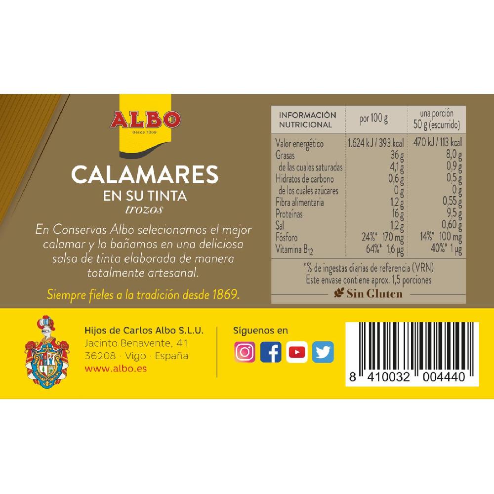 Eroski Calamar en trozos en su tinta ALBO lata 112 g Libre de impuestos