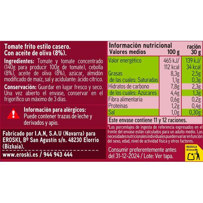 Eroski Tomate frito casero con aceite de oliva EROSKI frasco 350 g 2025
