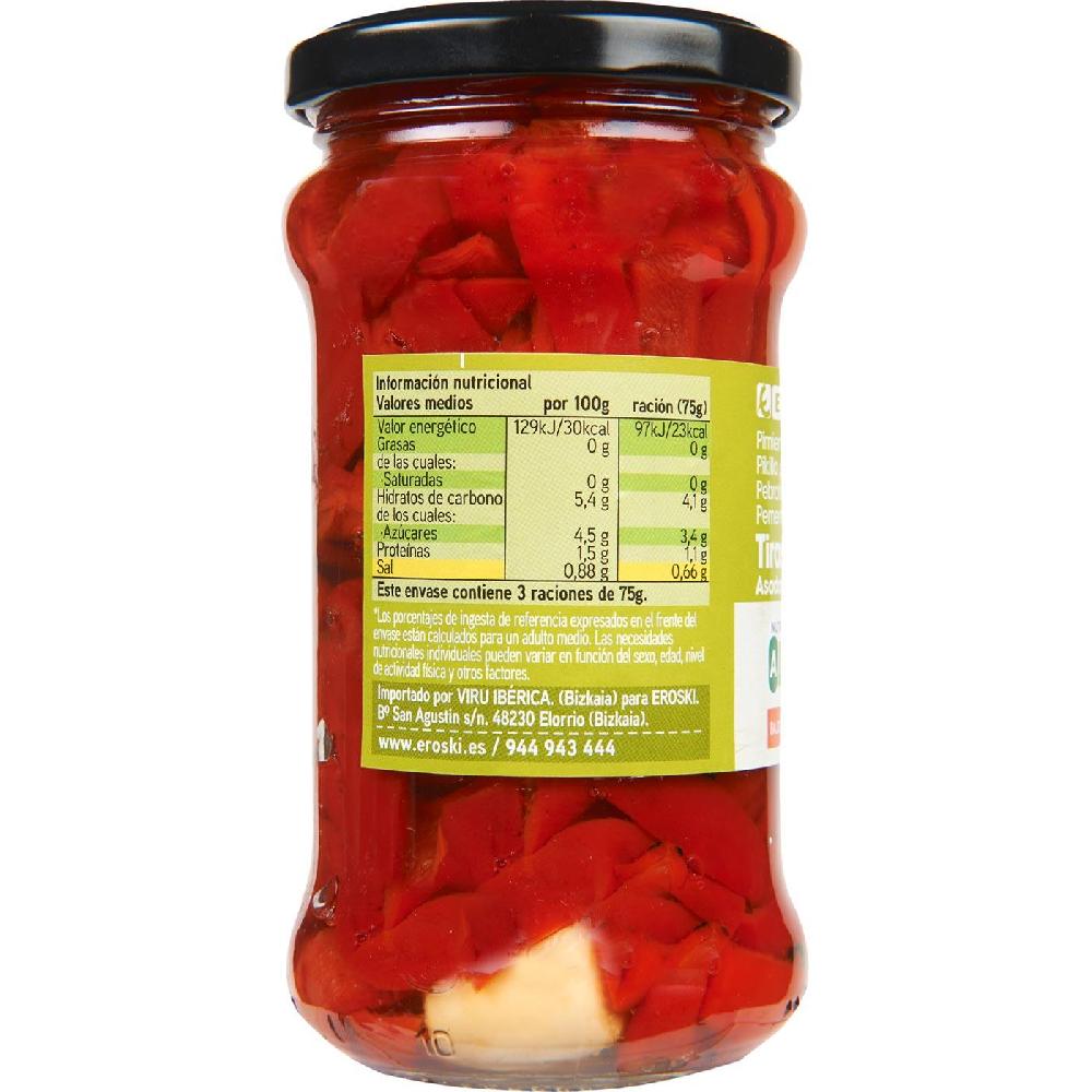 Eroski Pimiento del piquillo en tiras con ajo EROSKI frasco 225 g En oferta