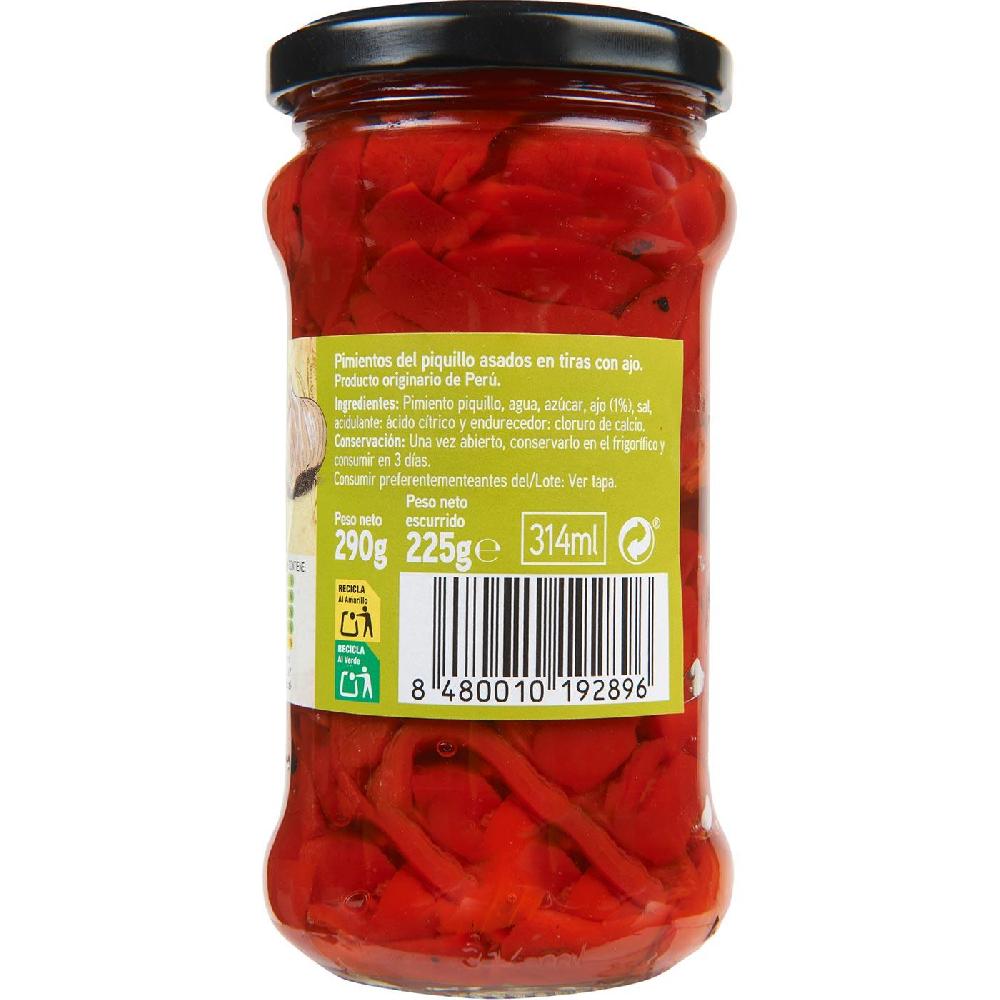 Eroski Pimiento del piquillo en tiras con ajo EROSKI frasco 225 g En oferta